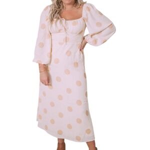 Petal & Pup  Polka Dot Puff Sleeve Milkmaid Coquette Midi Dress Stretch Butter 6